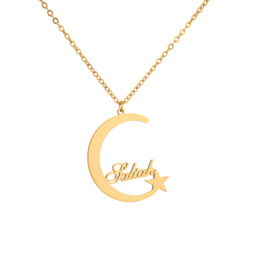 Personalised Crescent Moon & Star Name Necklace – Engraved Pendant
