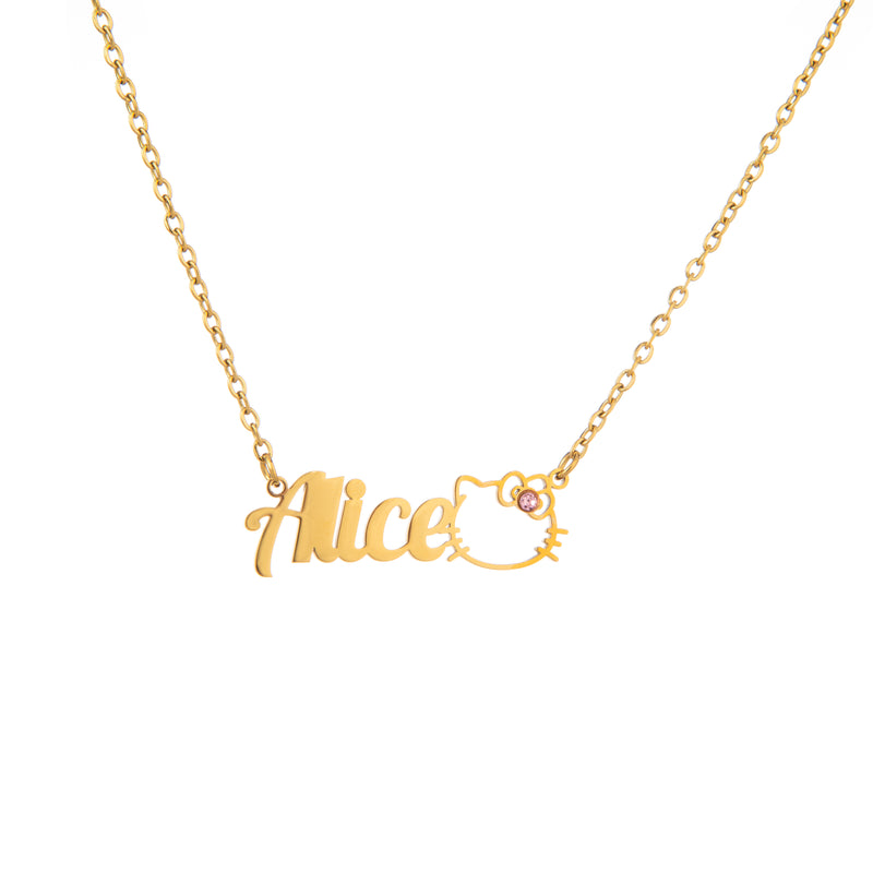 Personalised Name Necklace with Cat Charm & Sparkling Gemstone
