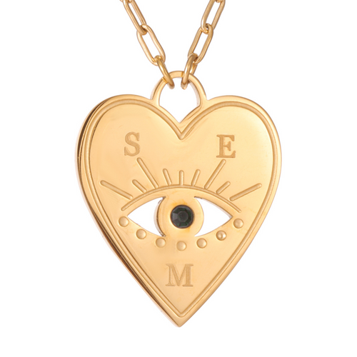 Personalised Heart Necklace with Evil Eye and Stone