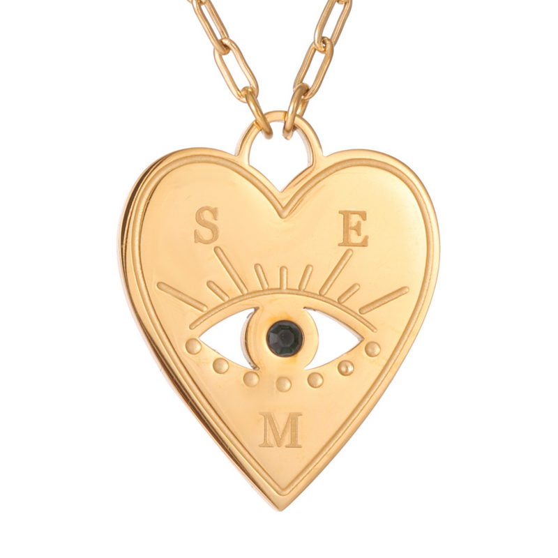 Personalised Heart Necklace with Evil Eye and Stone