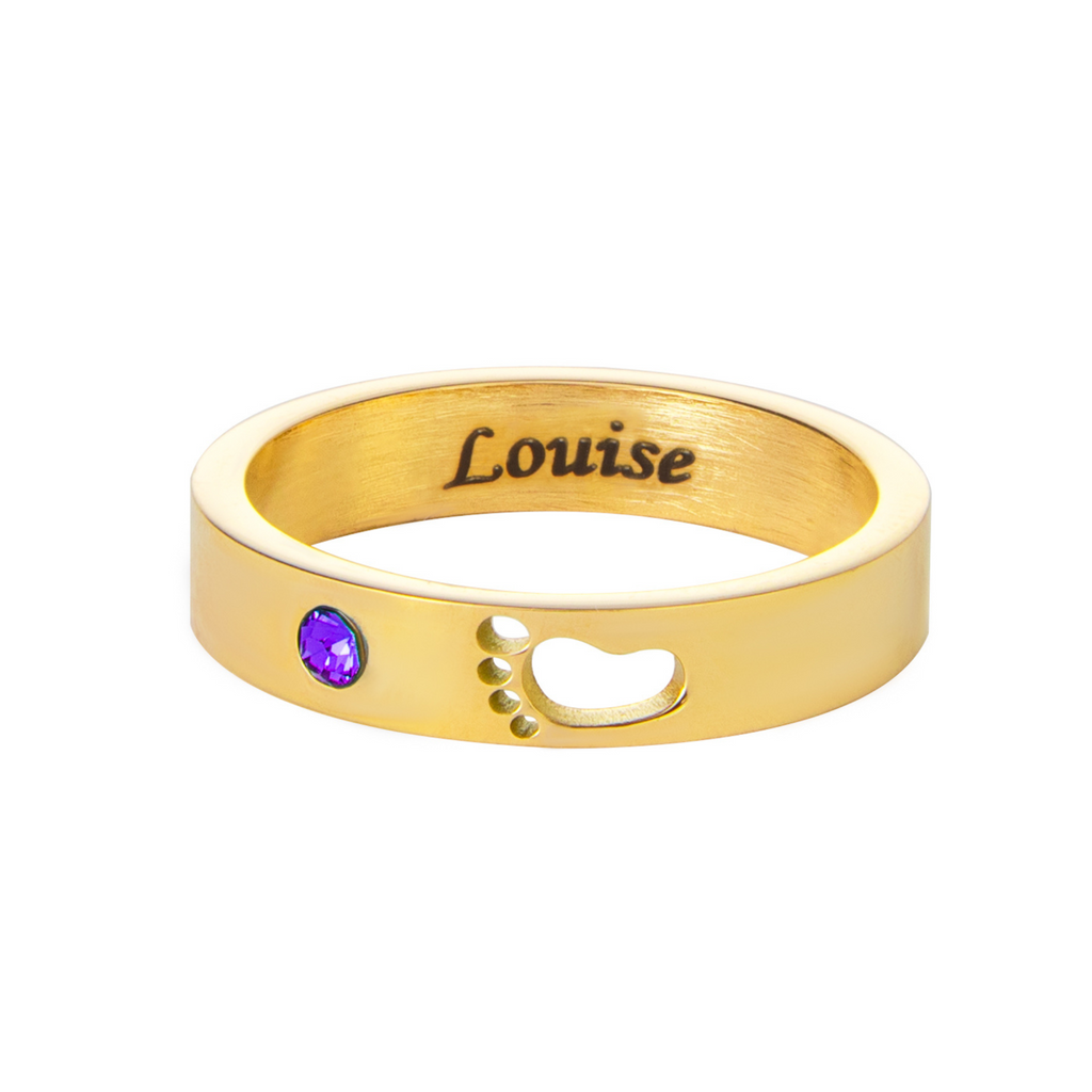 Personalised Engraved Ring – Name, Footprint & Birthstone