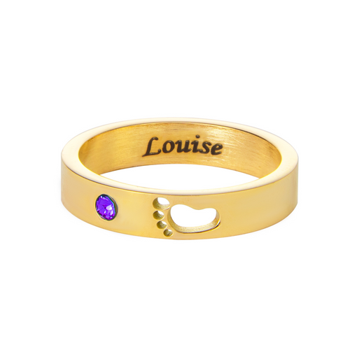 Personalised Engraved Ring – Name, Footprint & Birthstone