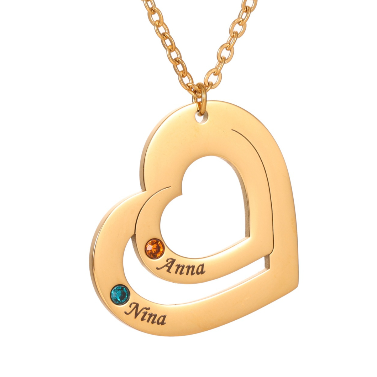 Gold heart-shaped necklace with engraved names and birthstones on a white background