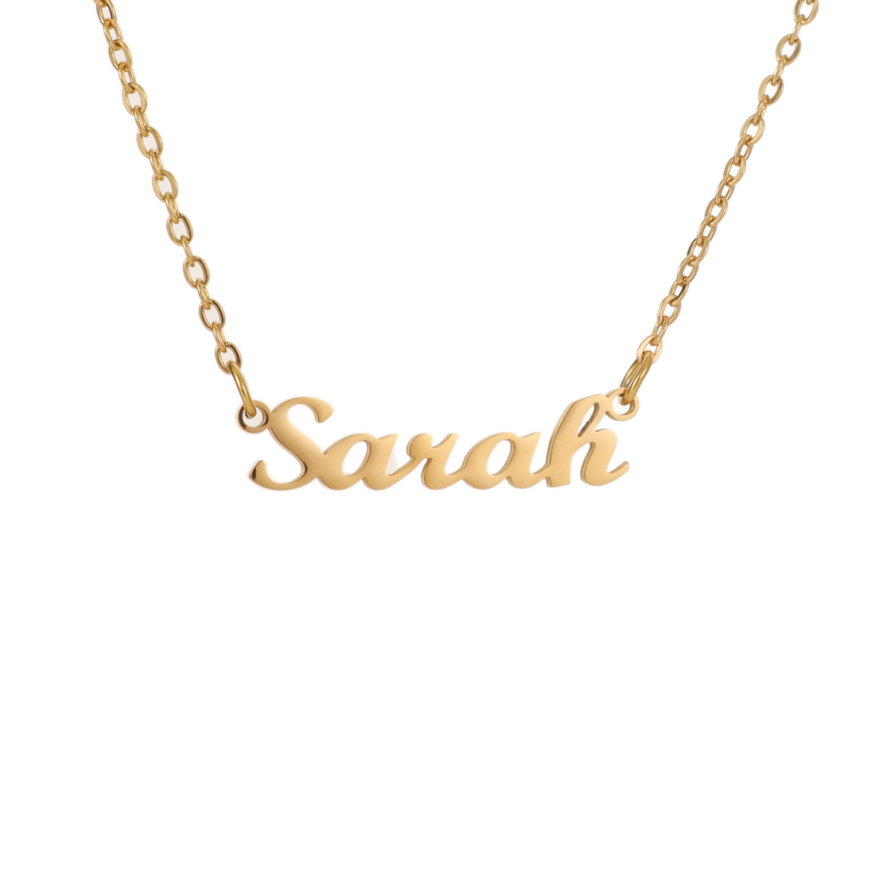 A gold-plated custom name necklace with the name 'Sarah' engraved on a chain.