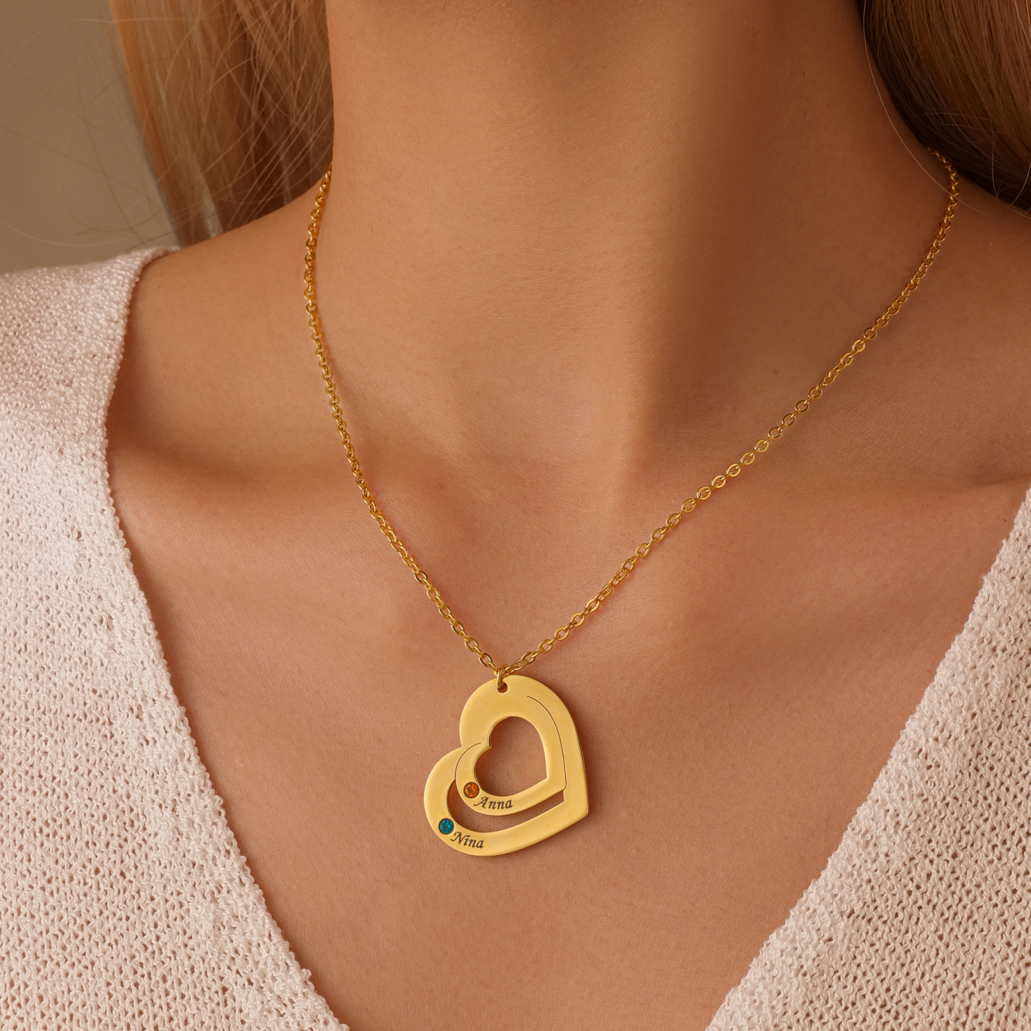 Personalised Linked Hearts Necklace with Birthstones