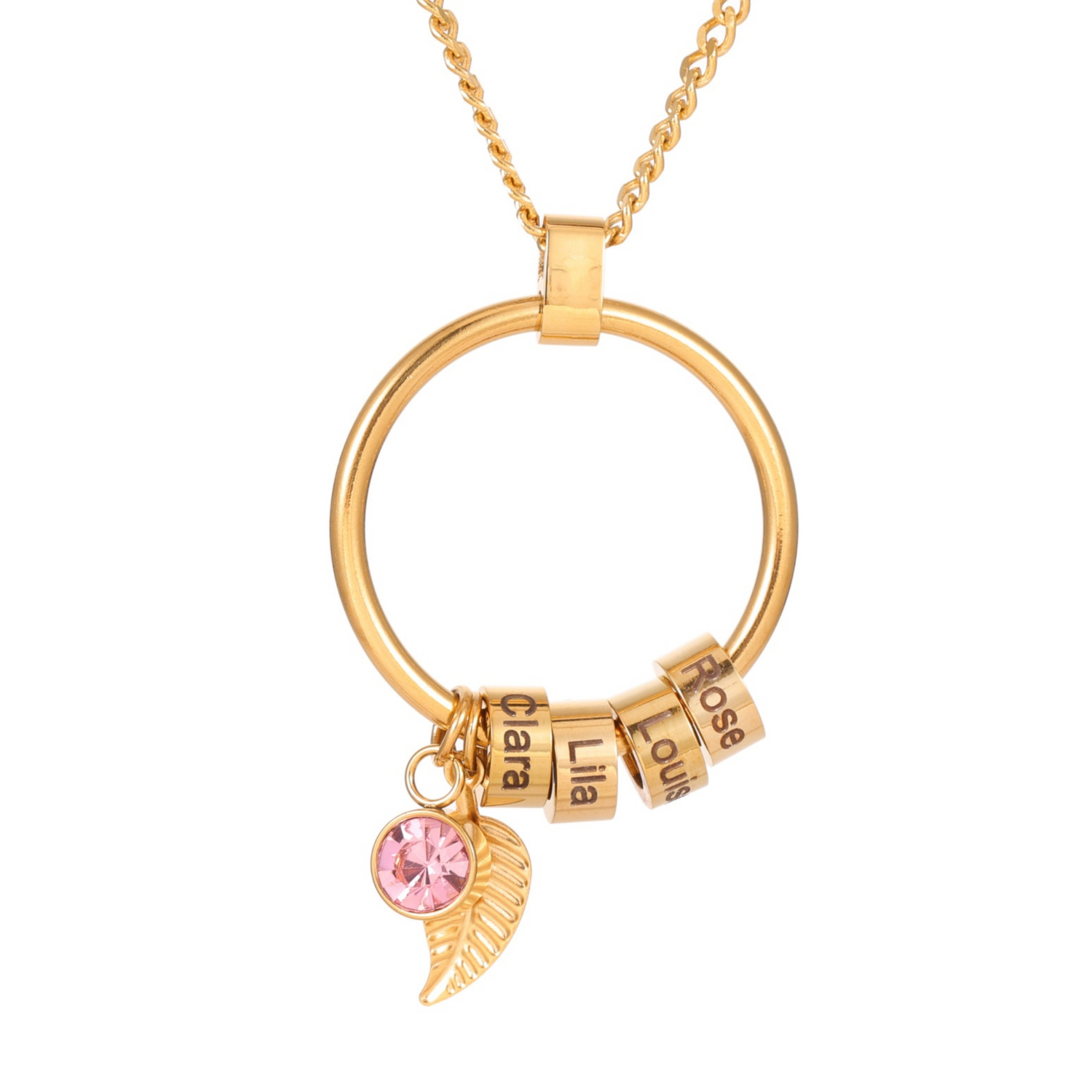 Personalised Leaf Circle Necklace with Names & Birthstone
