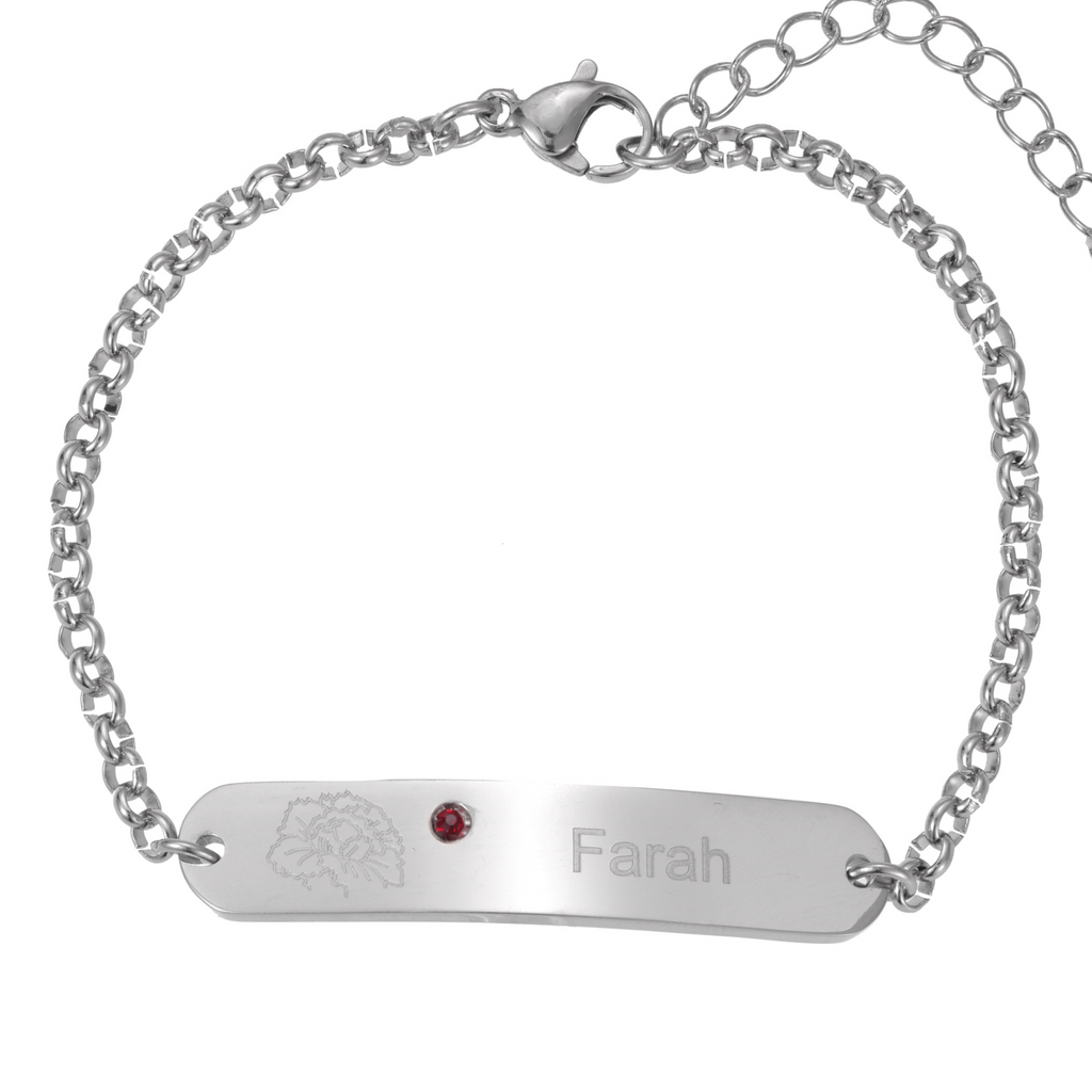 Personalised Engraved ID Bracelet with Flower and Birthstone