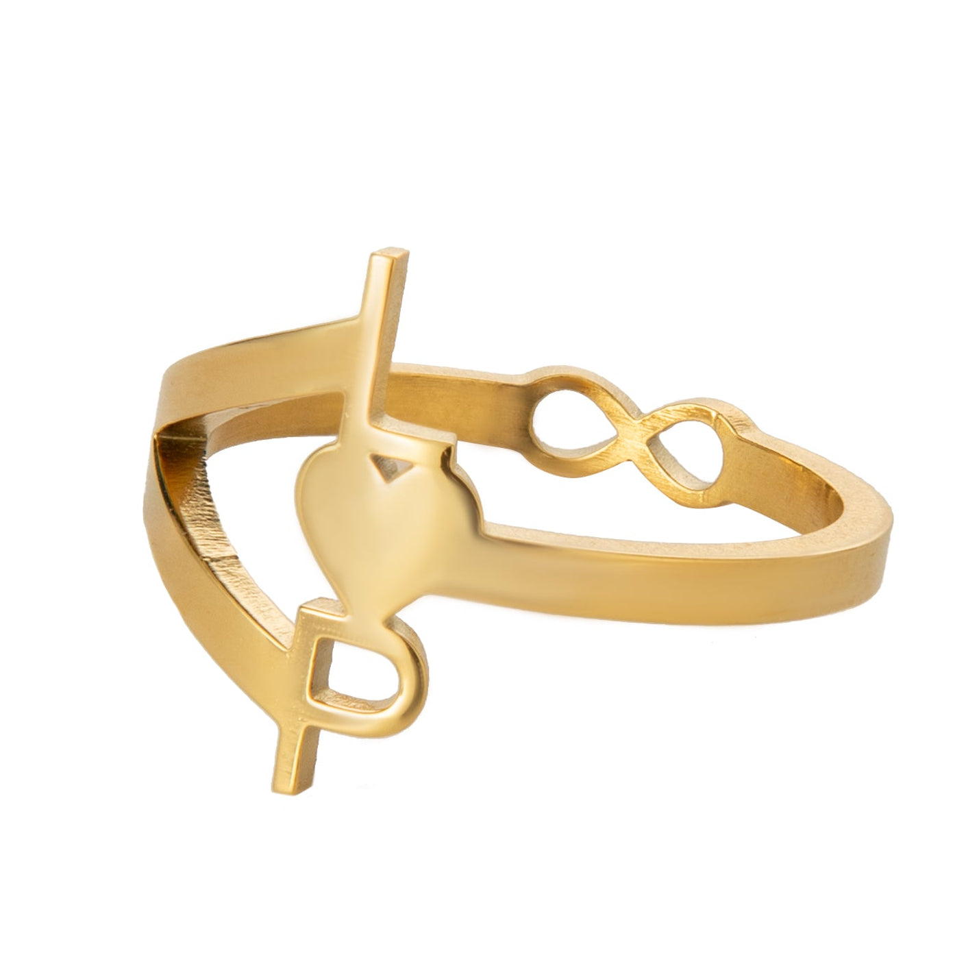 A gold-plated ring with an infinity symbol and three engraved initials.