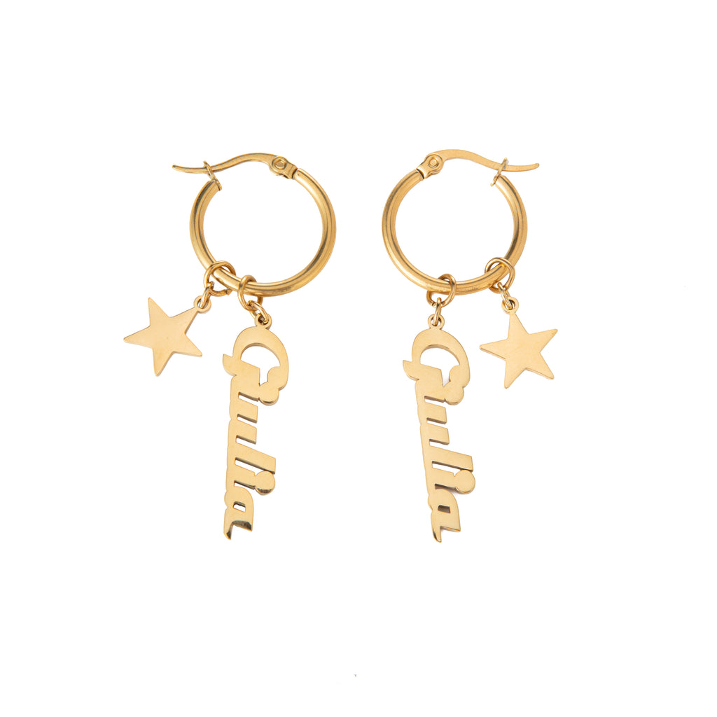 Personalised Hoop Earrings with Name Pendant & Star Charm