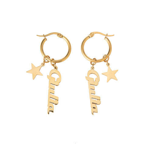 Personalised Hoop Earrings with Name Pendant & Star Charm