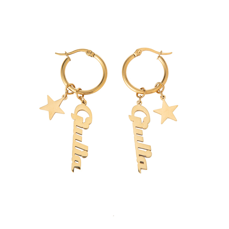 Personalised Hoop Earrings with Name Pendant & Star Charm