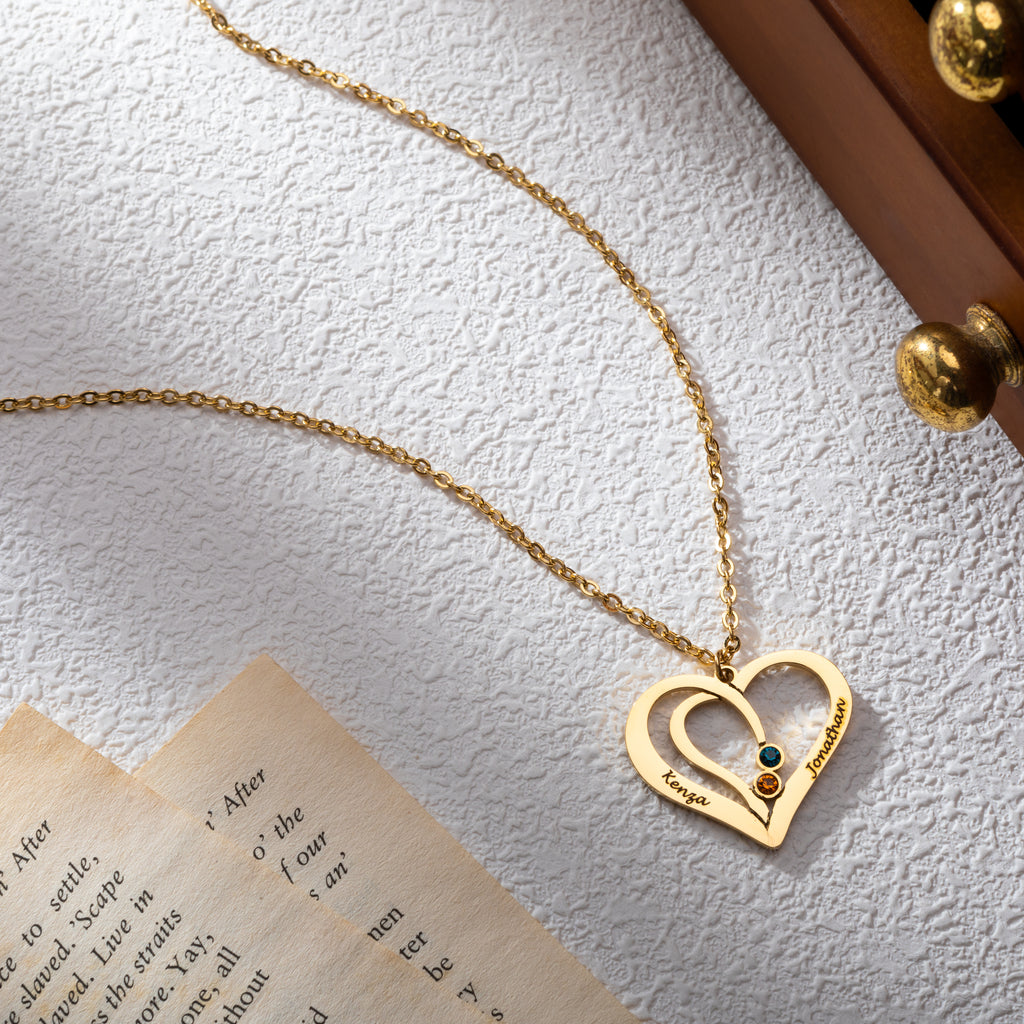 Personalised Intertwined Hearts Necklace with Engraved Names & Birthstones