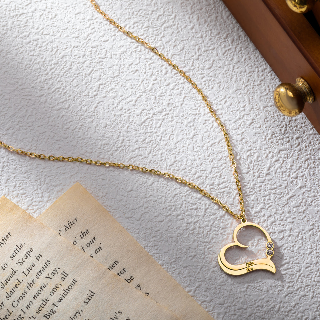 Personalised Open Heart Necklace with Engraved Names & Clear Crystals