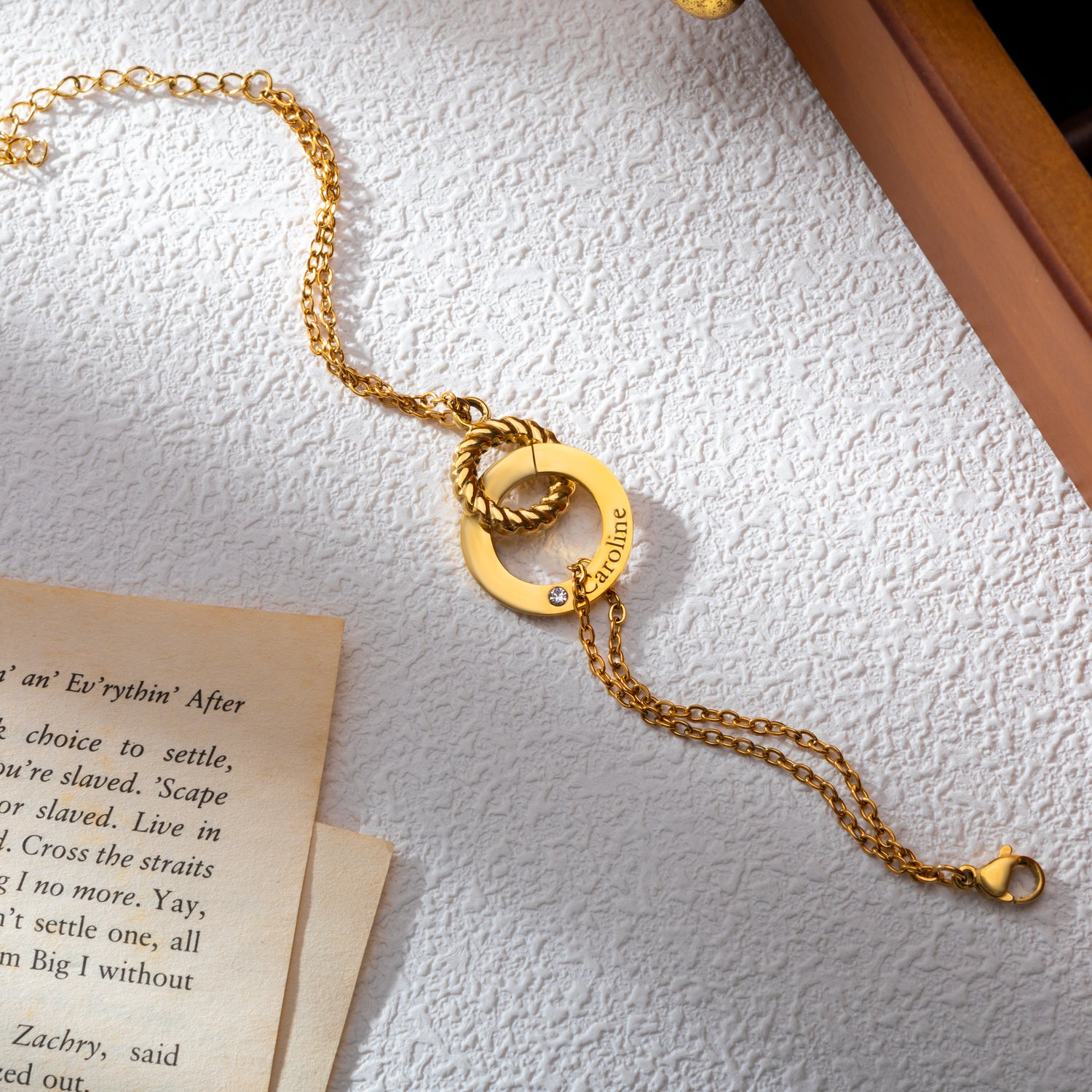 Personalised Engraved Circle Bracelet with Twisted Ring & Clear Crystal