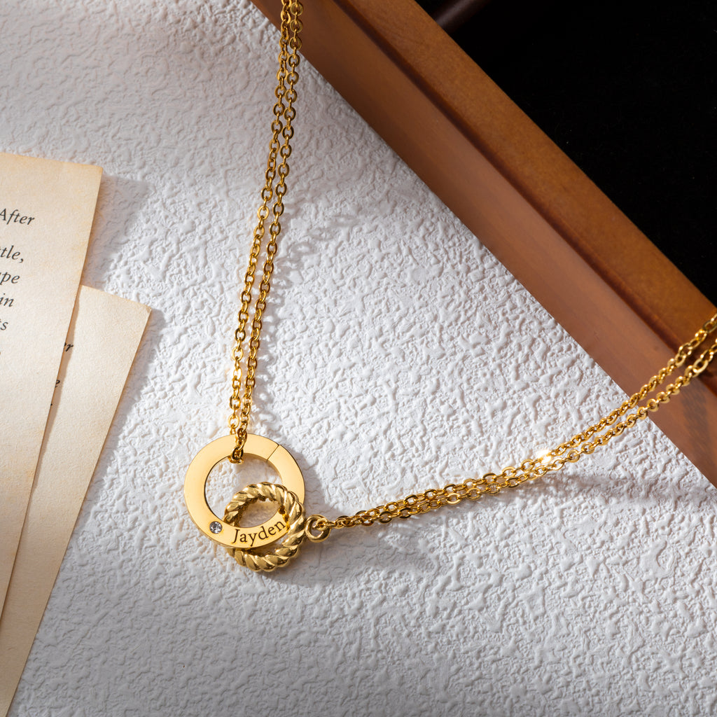 Personalised Circle Necklace – Engraved Charm & Clear Crystal