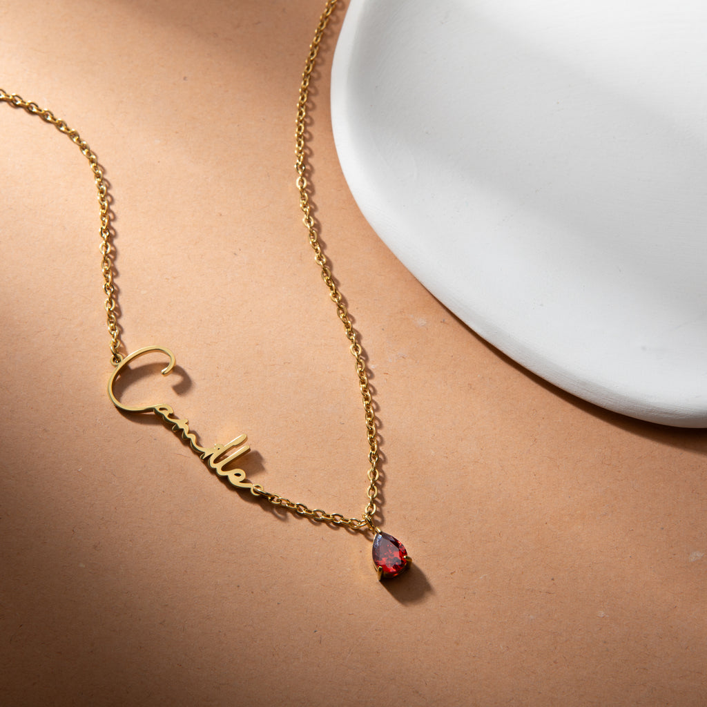 Personalised Vertical Name Necklace with Birthstone