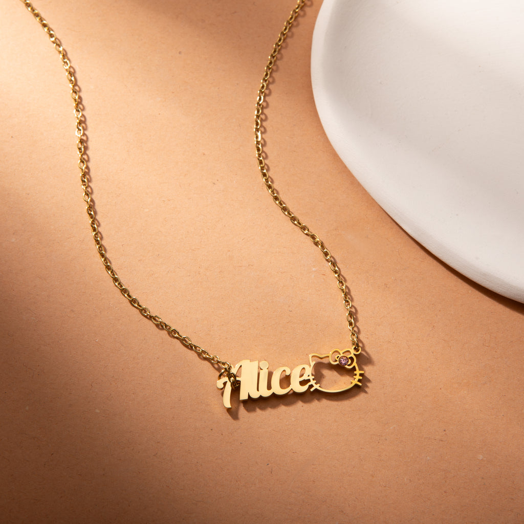 Personalised Name Necklace with Cat Charm & Sparkling Gemstone