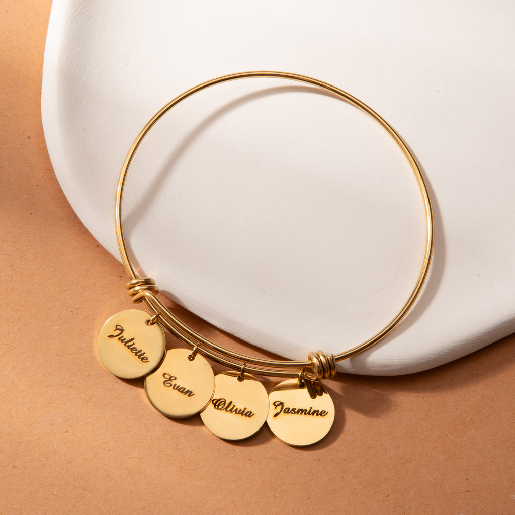 Personalised Bangle Bracelet with 2 to 4 Engraved Name Charms