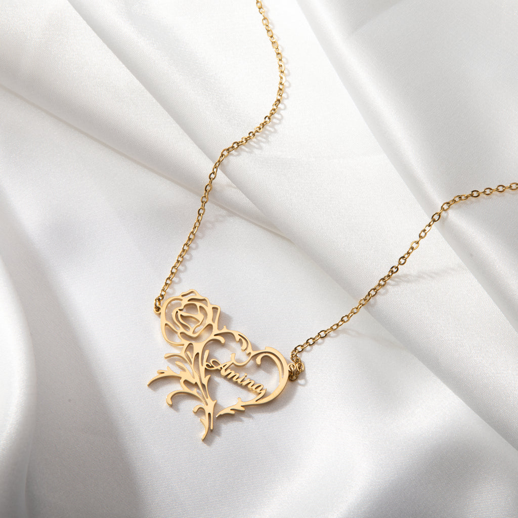 Personalised Heart & Rose Necklace – Engraved Name