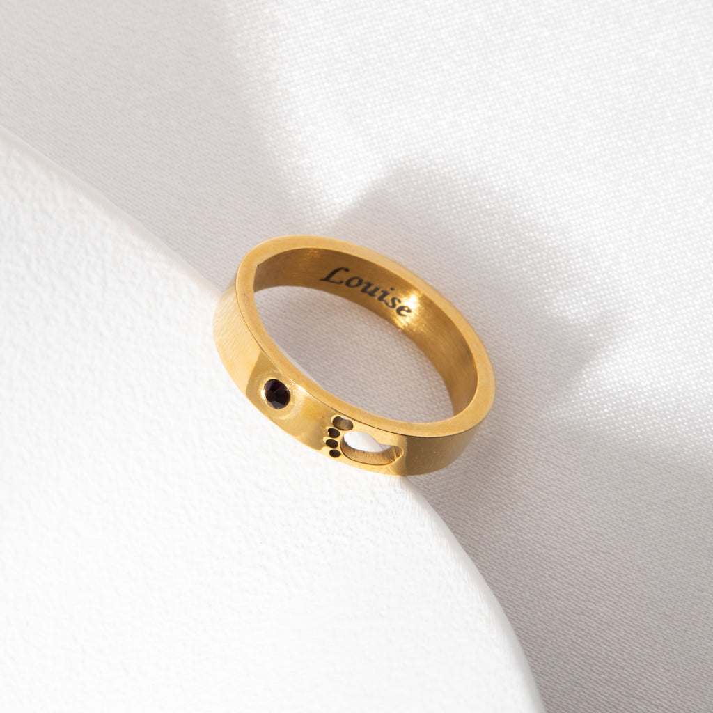 Personalised Engraved Ring – Name, Footprint & Birthstone