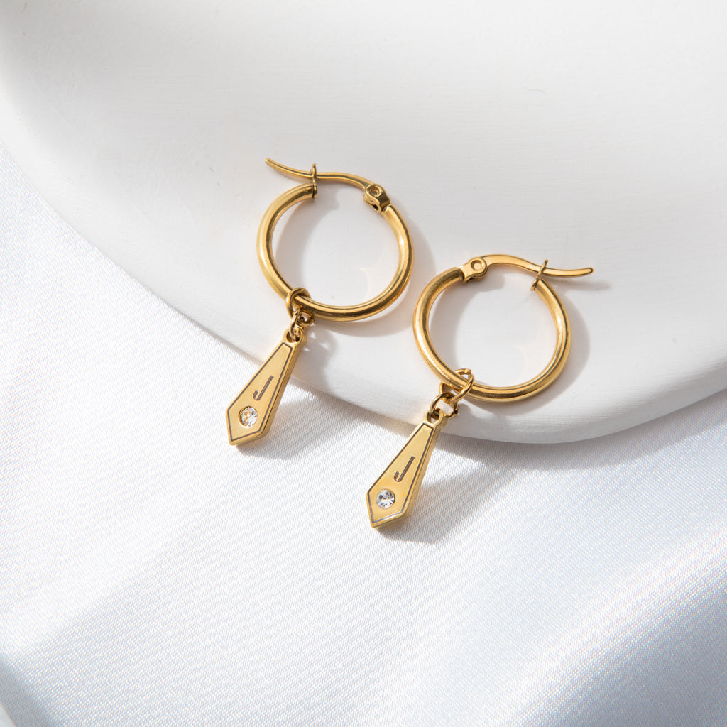Personalised Hoop Earrings with Diamond-Shaped Pendant & Crystal