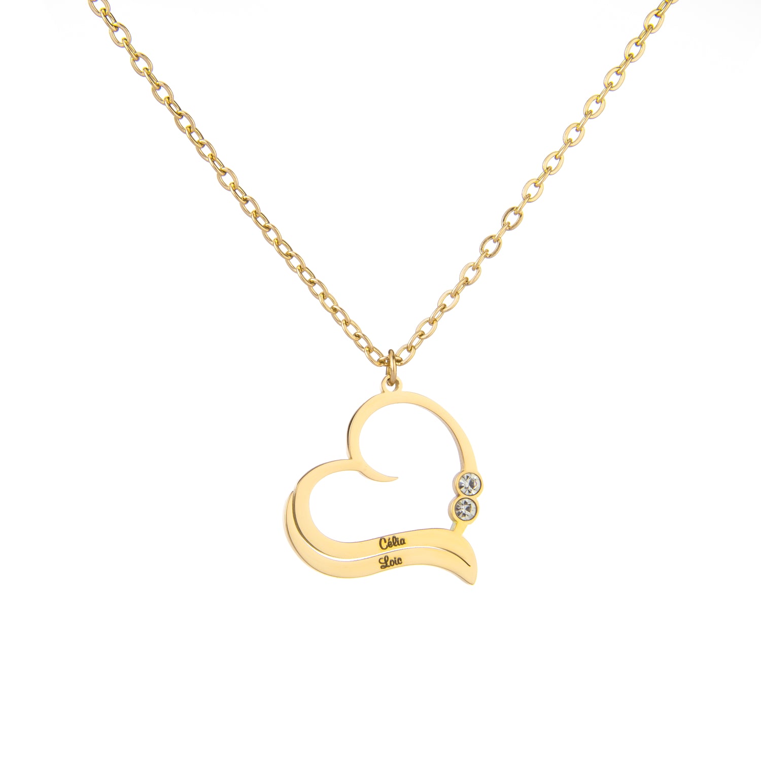 Personalised Open Heart Necklace with Engraved Names & Clear Crystals