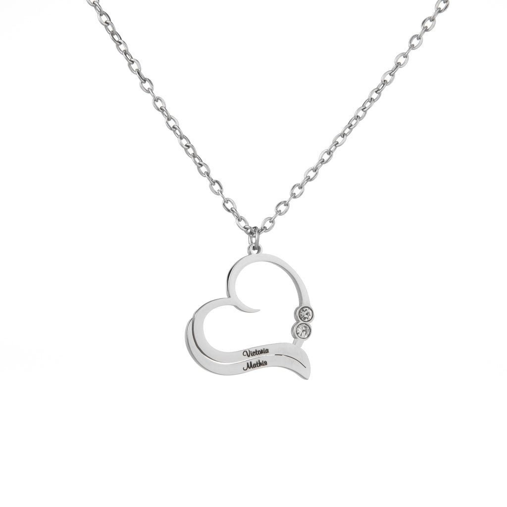 Personalised Open Heart Necklace with Engraved Names & Clear Crystals