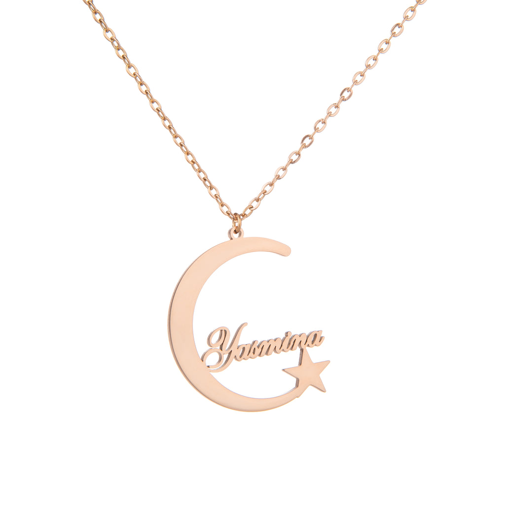 Personalised Crescent Moon & Star Name Necklace – Engraved Pendant