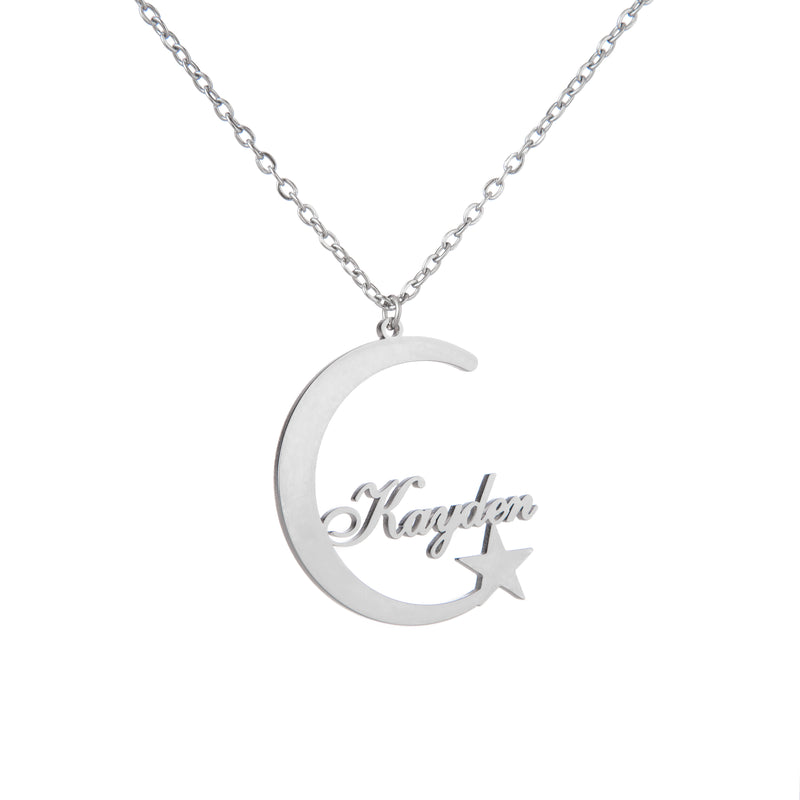 Personalised Crescent Moon & Star Name Necklace – Engraved Pendant