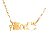 A gold-plated personalised name necklace with a cat charm and a sparkling gemstone on the bow.