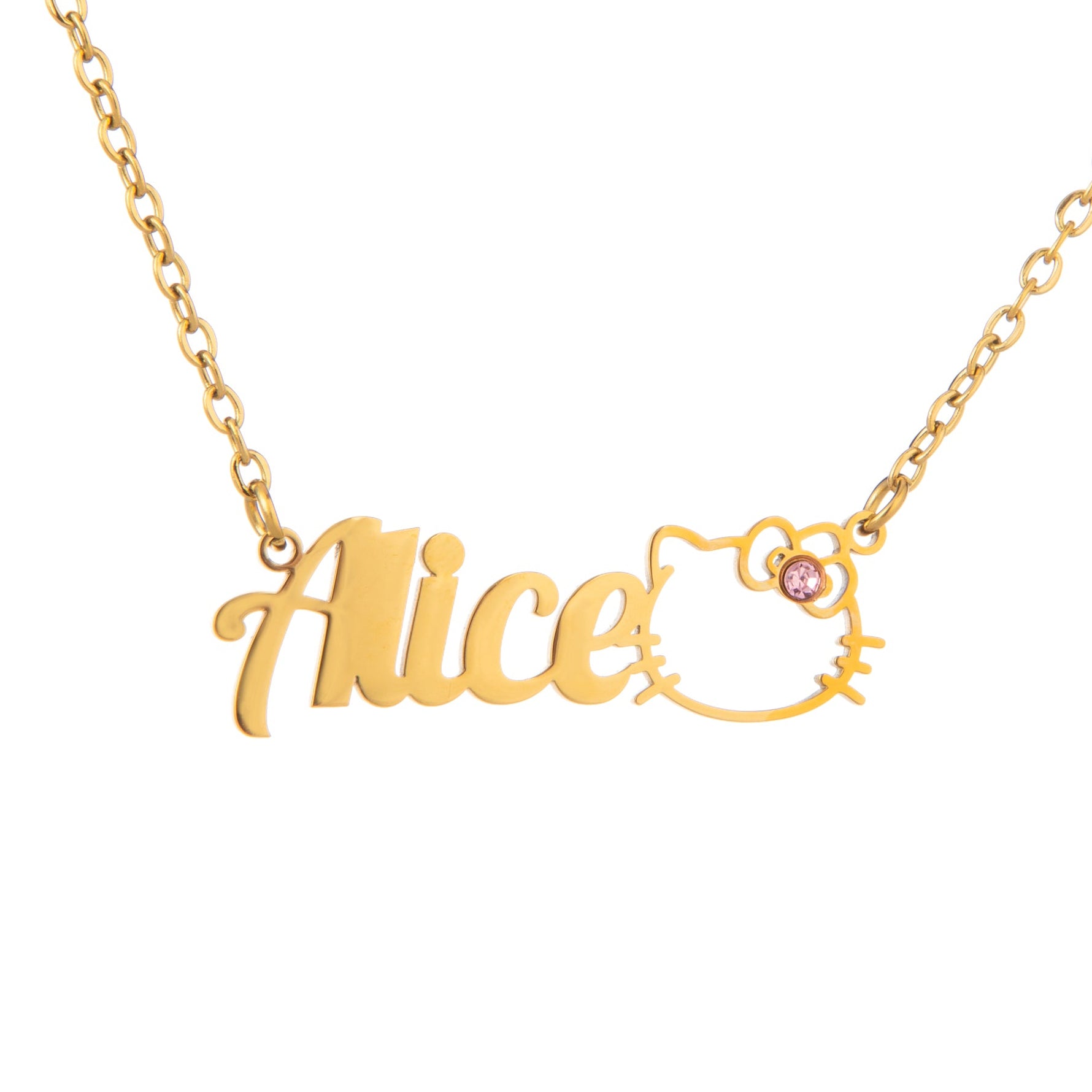 A gold-plated personalised name necklace with a cat charm and a sparkling gemstone on the bow.