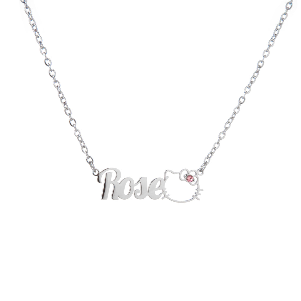 Personalised Name Necklace with Cat Charm & Sparkling Gemstone
