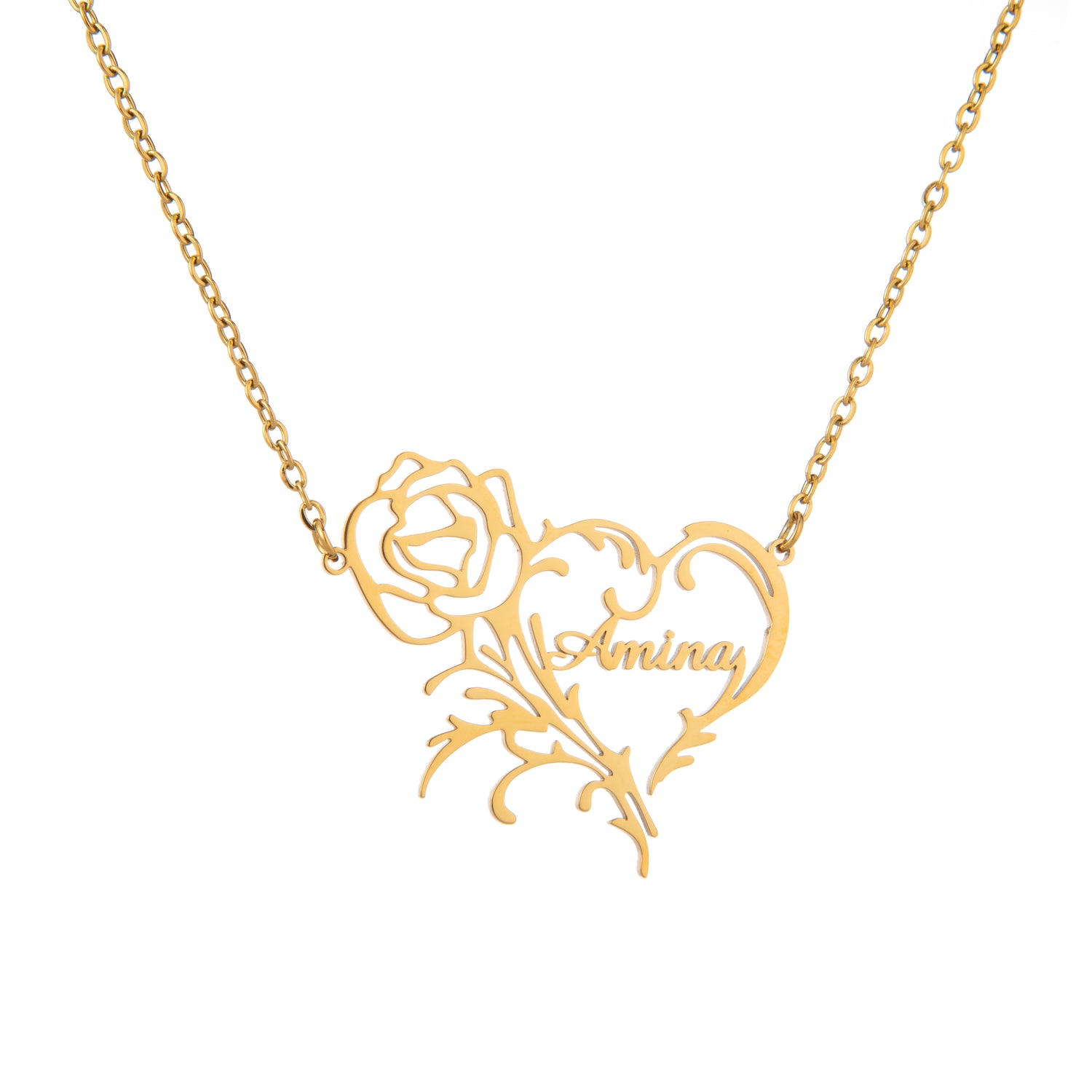 Personalised Heart & Rose Necklace – Engraved Name