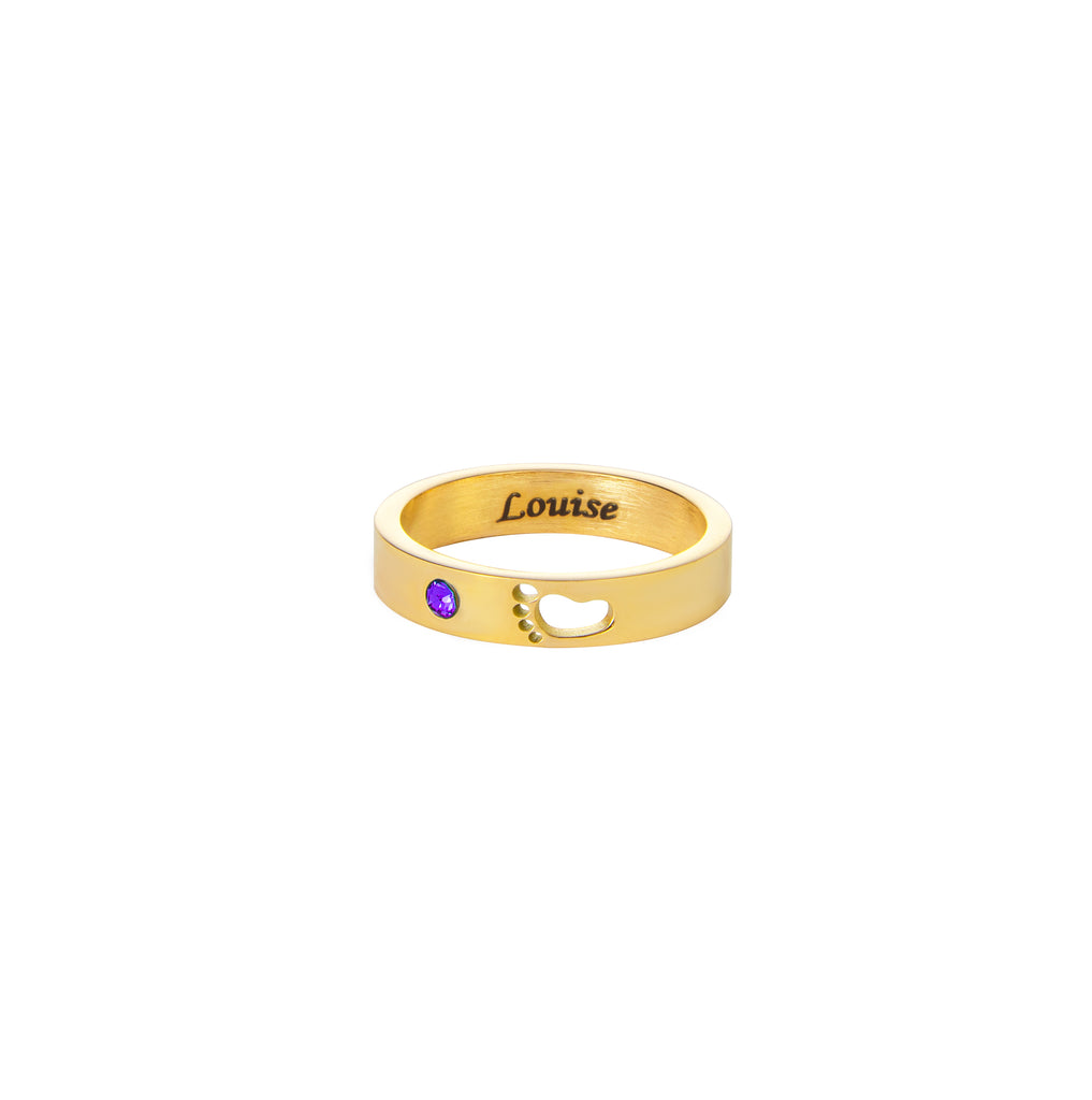 Personalised Engraved Ring – Name, Footprint & Birthstone