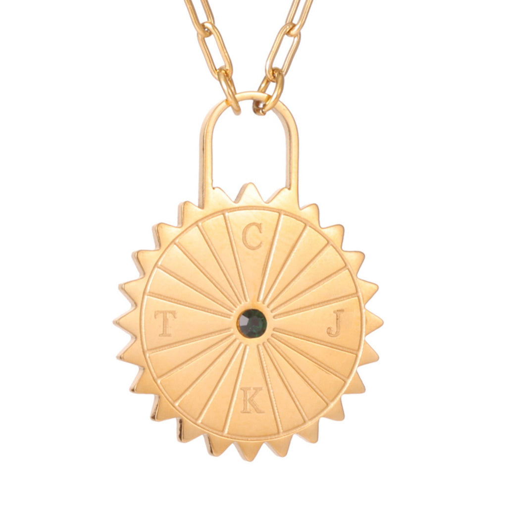 Personalised Sun Padlock Necklace with Initials & Stone