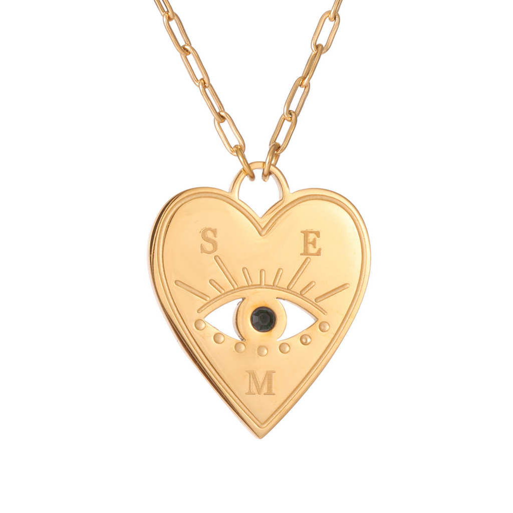 Personalised Heart Necklace with Evil Eye and Stone