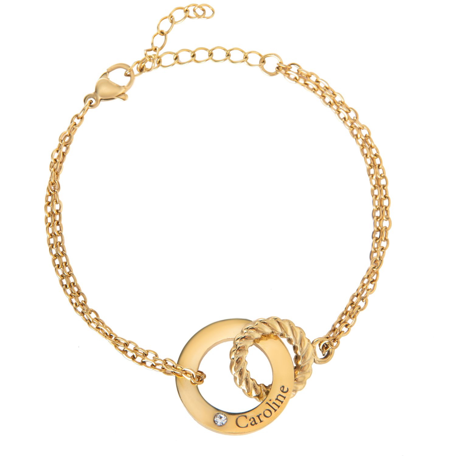 Personalised Engraved Circle Bracelet with Twisted Ring & Clear Crystal