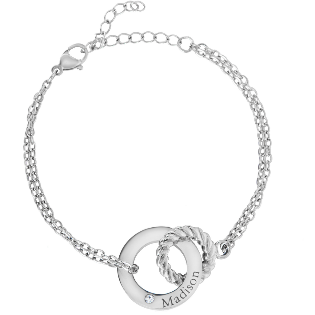 Personalised Engraved Circle Bracelet with Twisted Ring & Clear Crystal