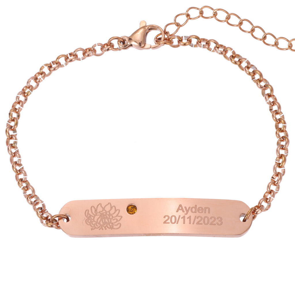 Personalised Engraved ID Bracelet with Flower and Birthstone