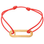 Red bracelet with a gold tag on a white background with coordinates