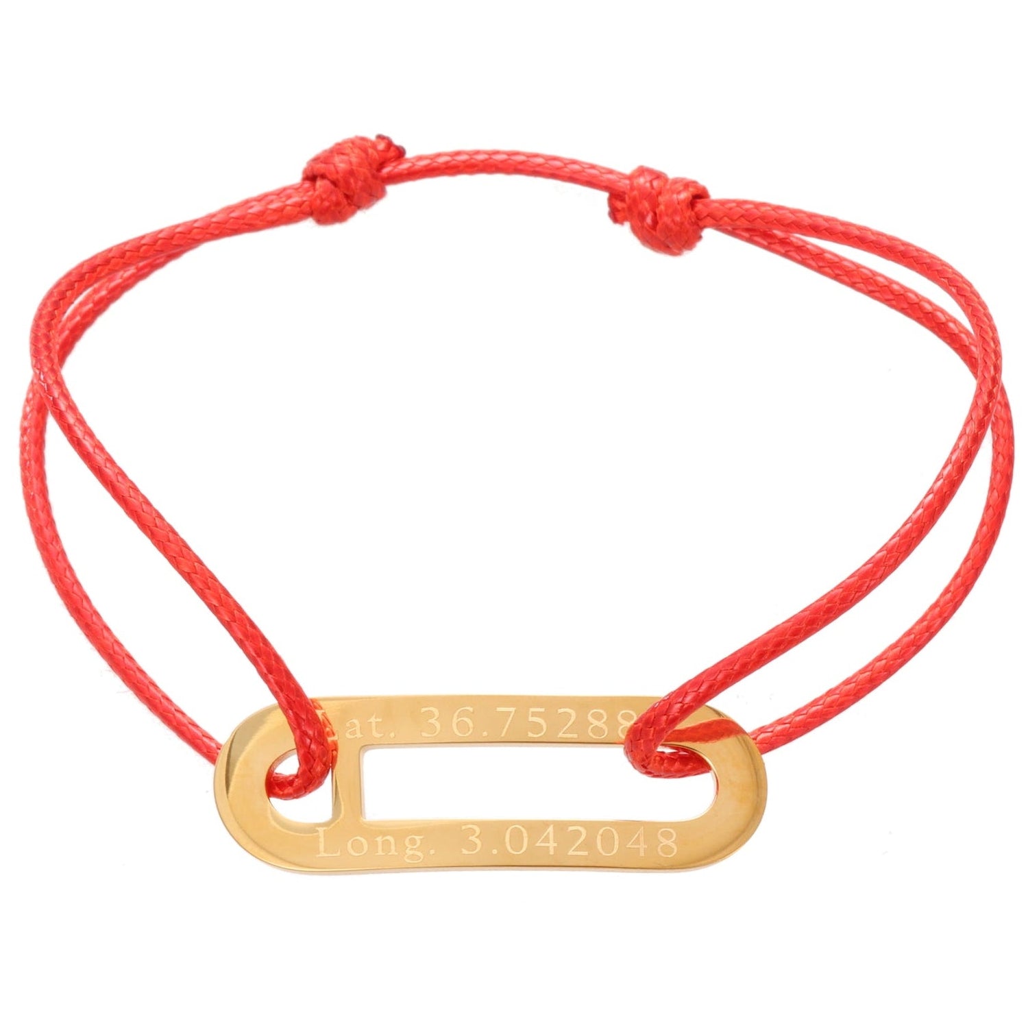 Red bracelet with a gold tag on a white background with coordinates