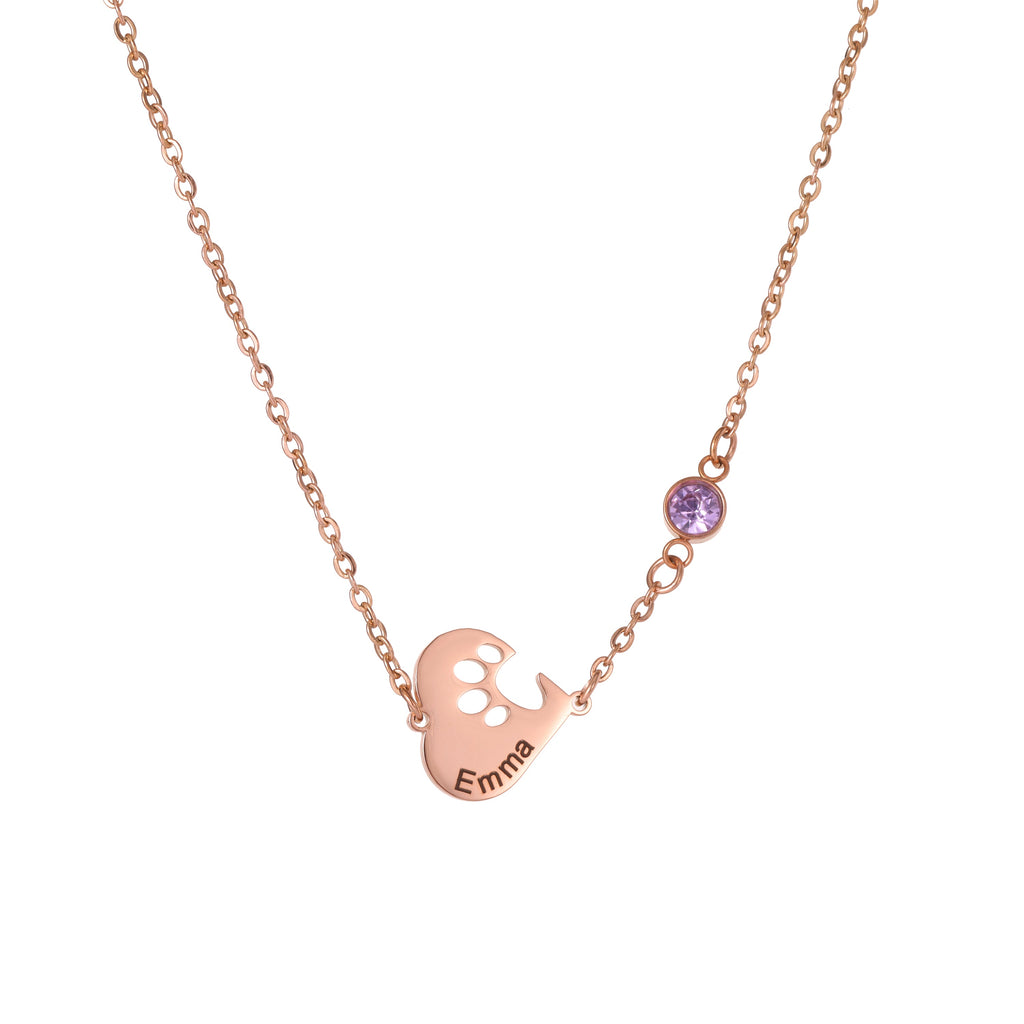 Heart Necklace with Engraved Print and Birthstones