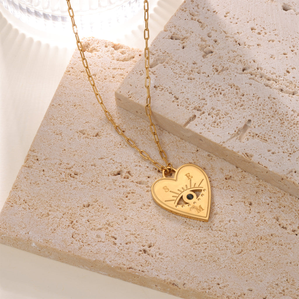 Personalised Heart Necklace with Evil Eye and Stone