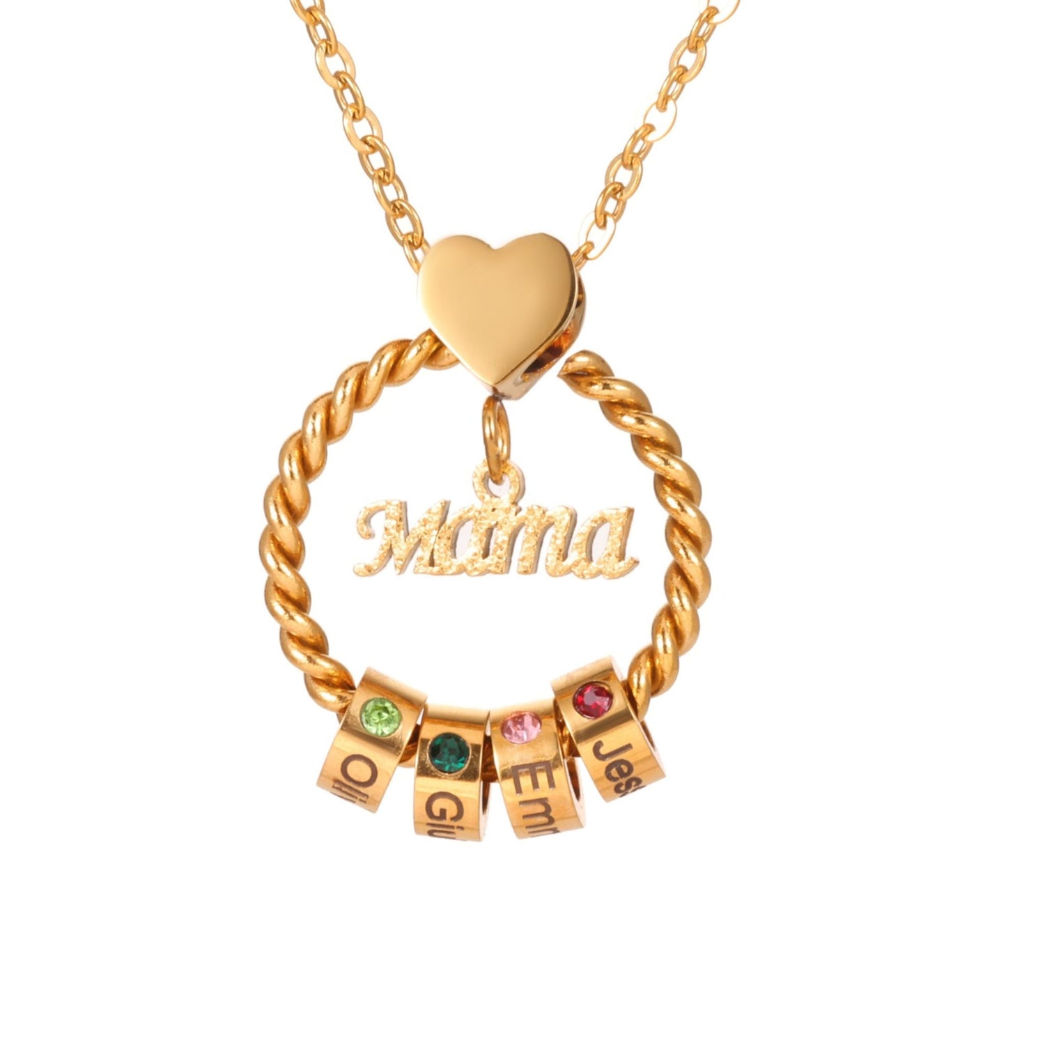 Gold necklace with heart pendant and name charms on a white background