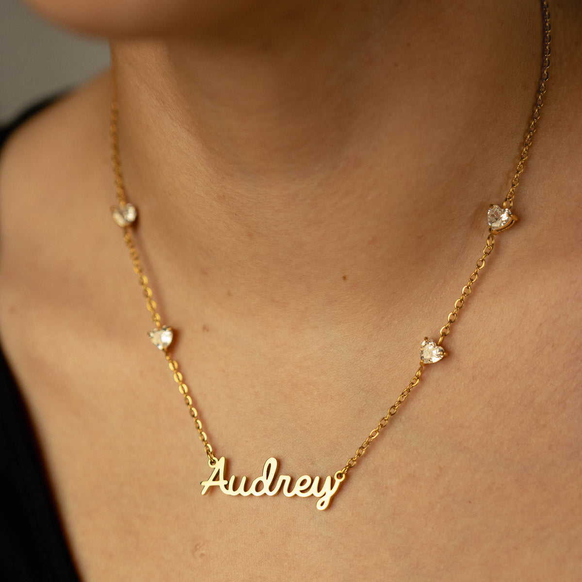 Personalised Name Necklace with 4 Crystal Hearts