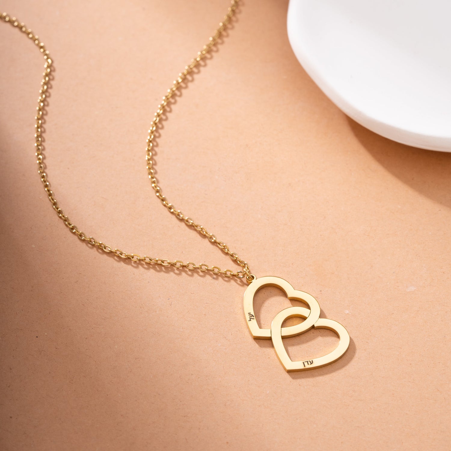 Hebrew Personalised Double Heart Necklace with Two Names