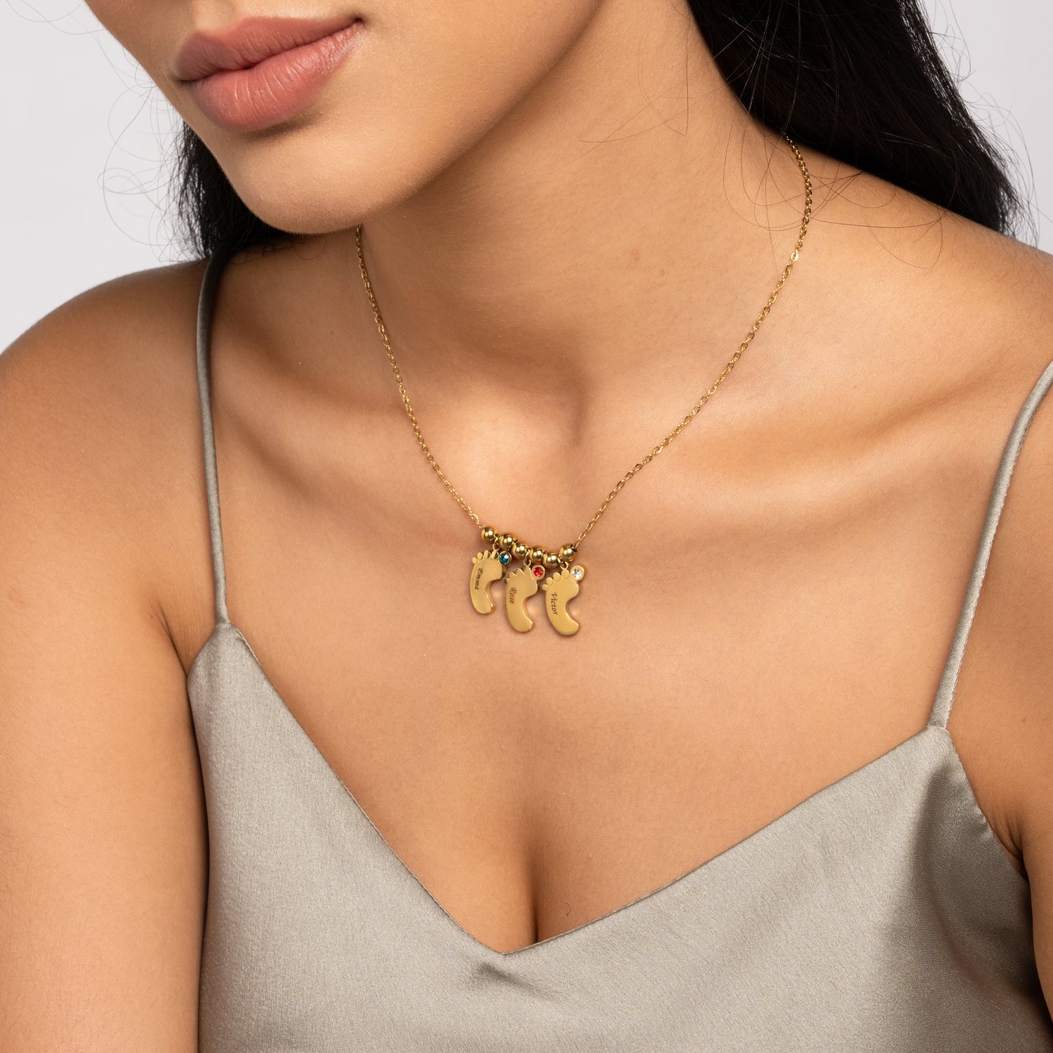 Baby Feet Name Necklace with Birthstone