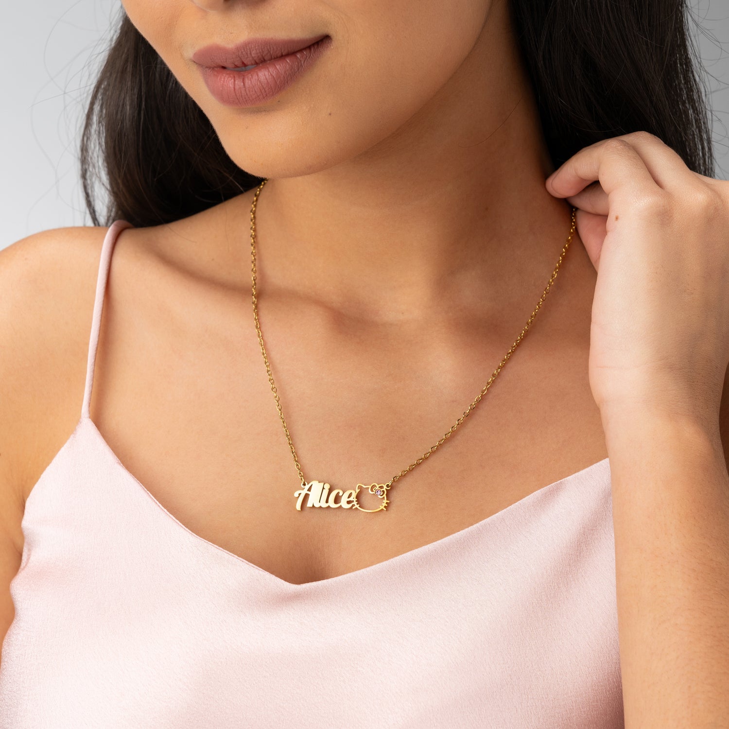 Name Necklace with Cat Charm & Gemstone