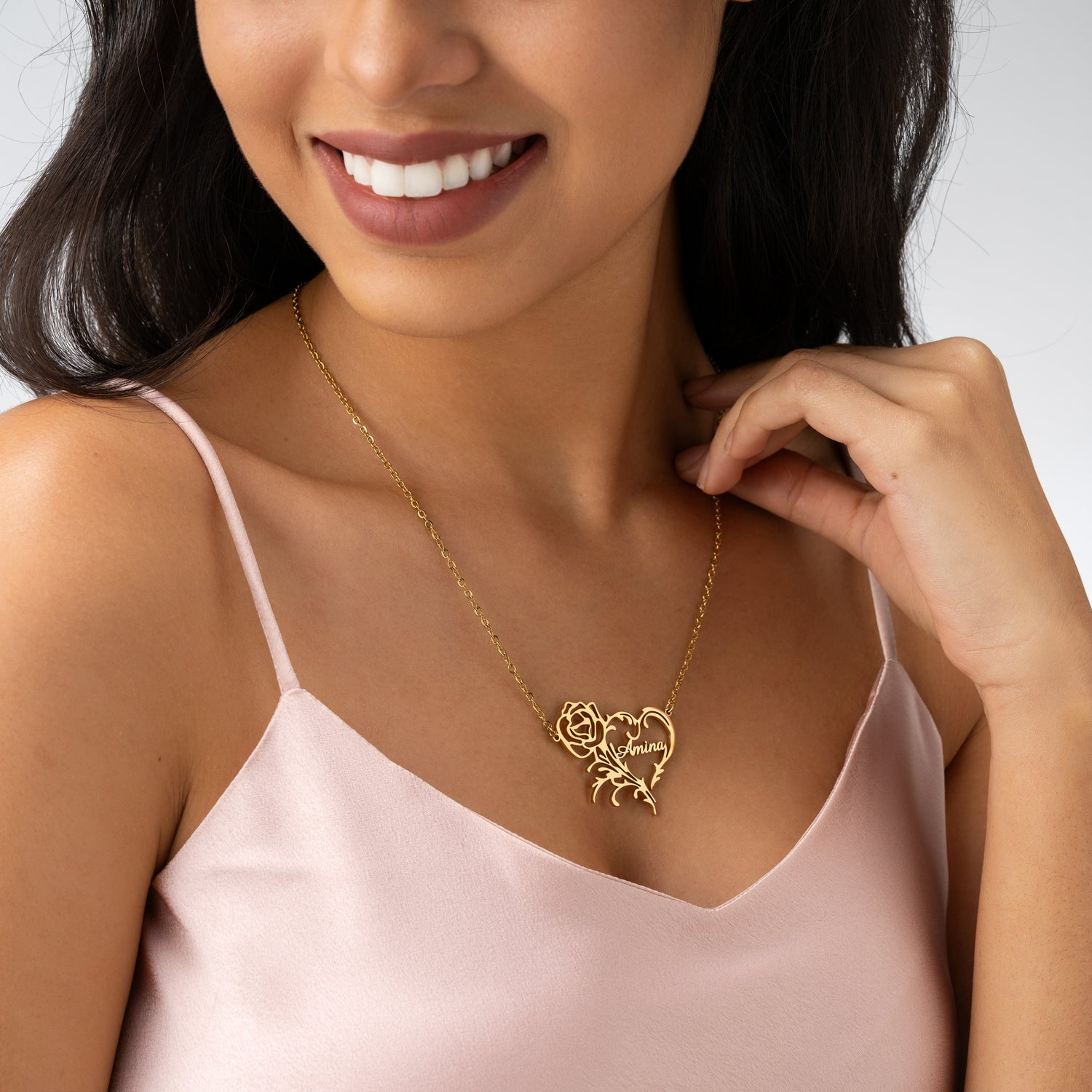 Personalised Heart & Rose Necklace – Engraved Name