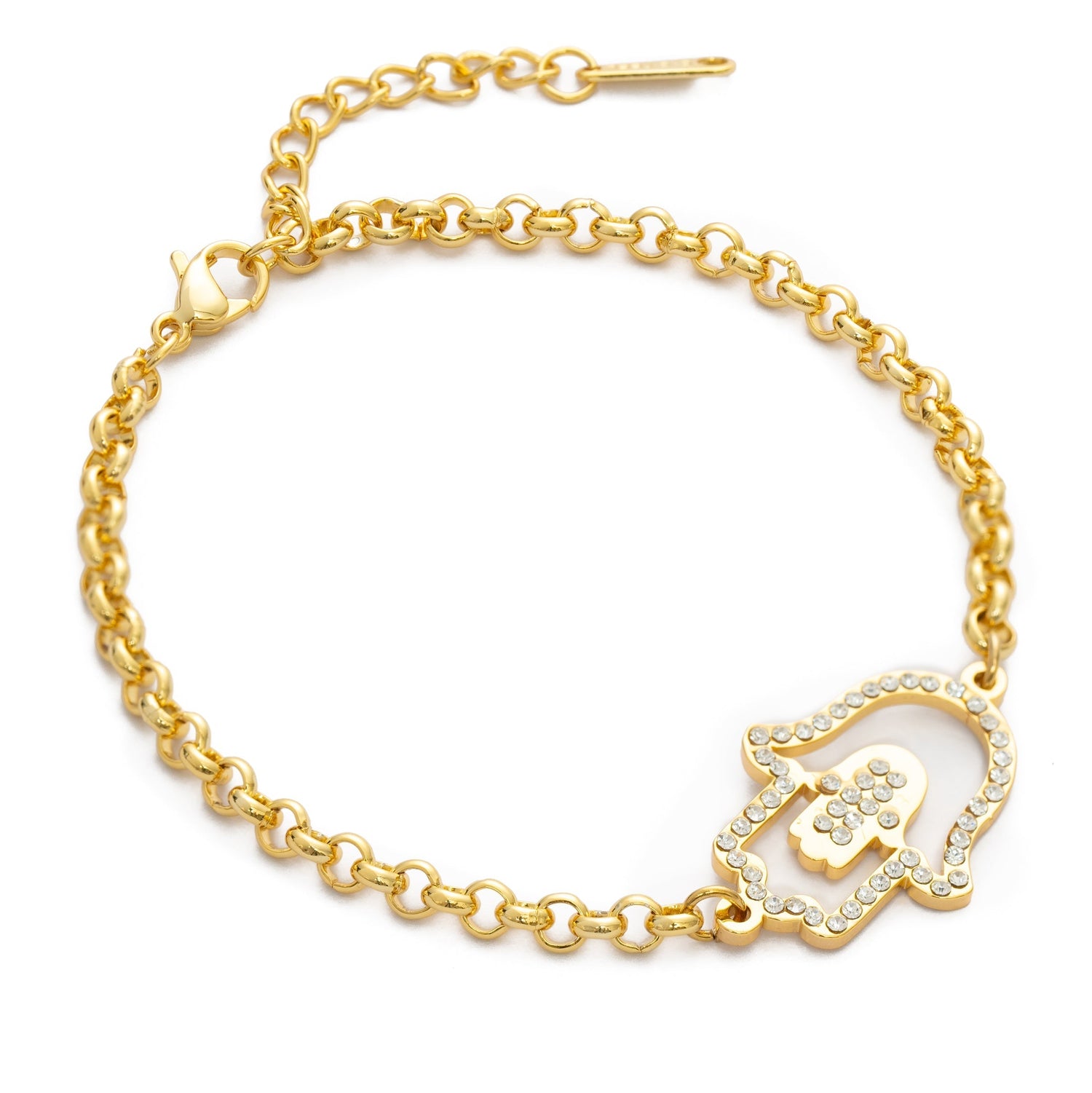 Gold bracelet with a white enameled hamsa hand charm on a white background